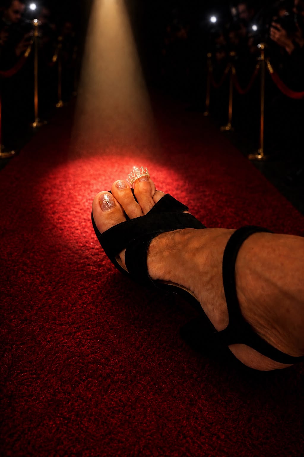 Foot with crown on red carpet