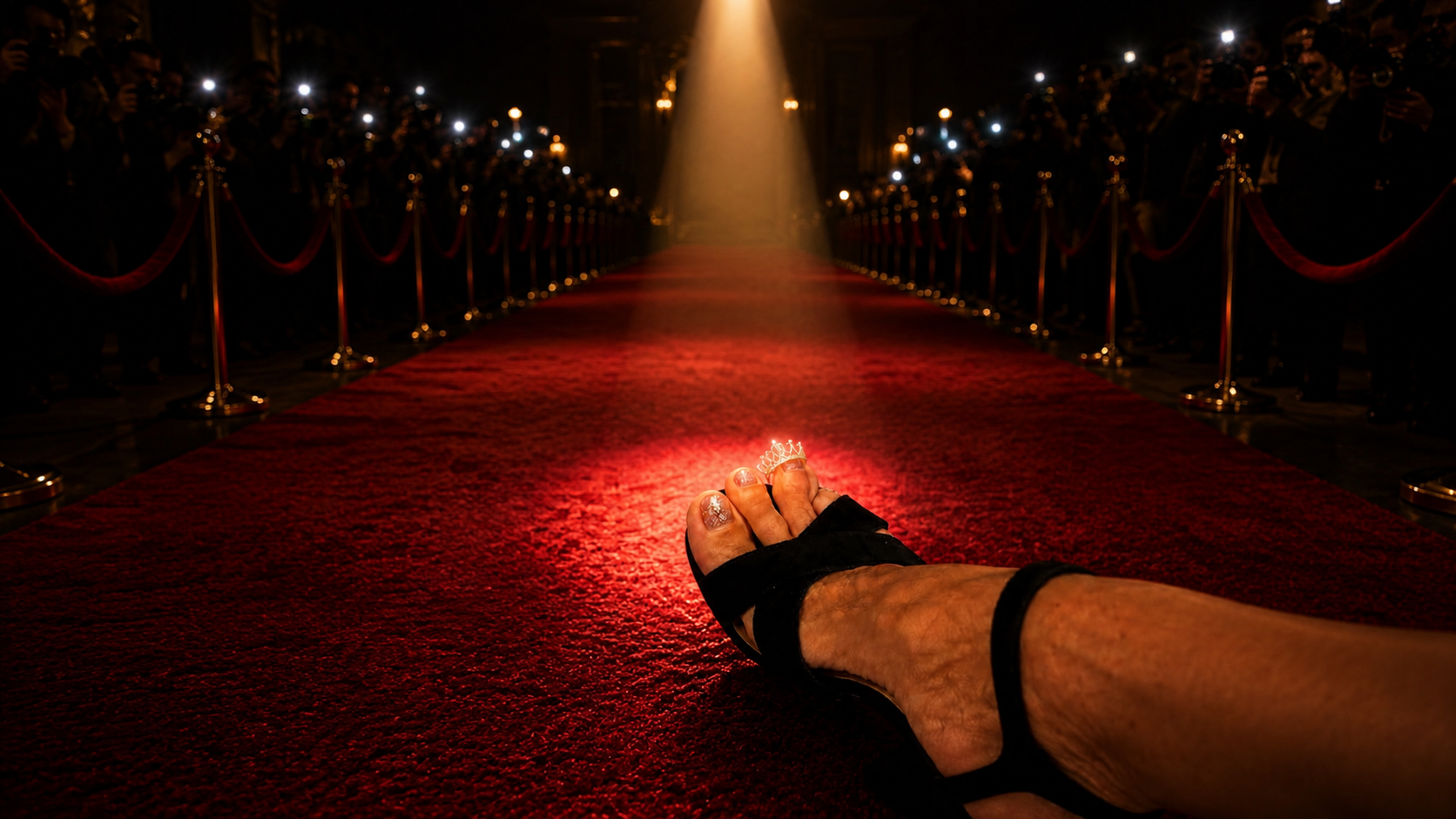 Foot with crown on red carpet
